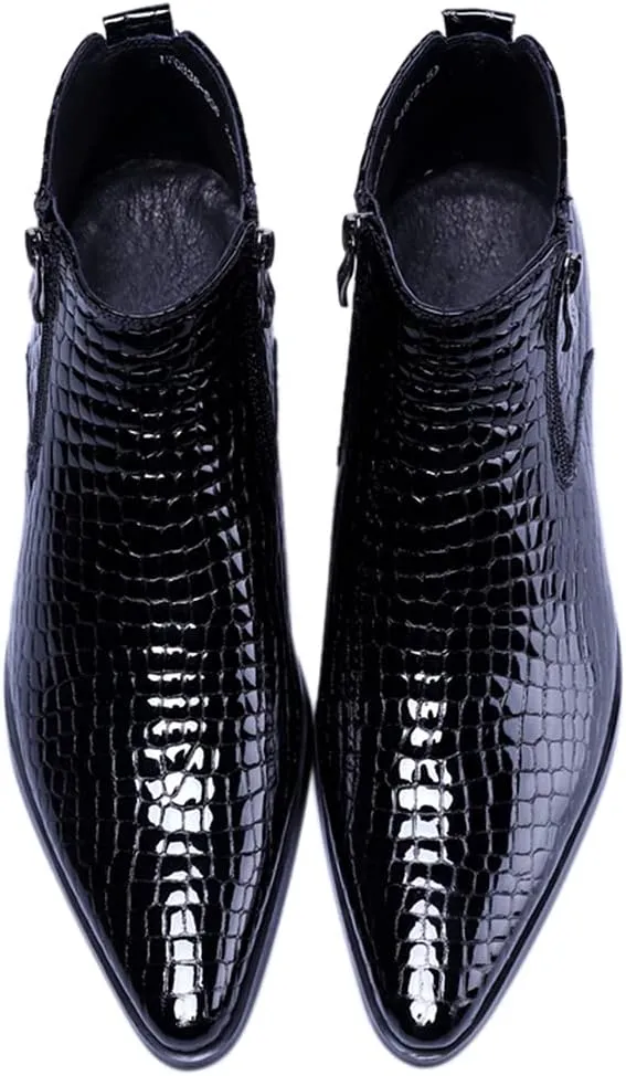 SANTIMON Men's Ankle Patent Leather Fashion Plaid Zipper Pointed Toe Casual Boots