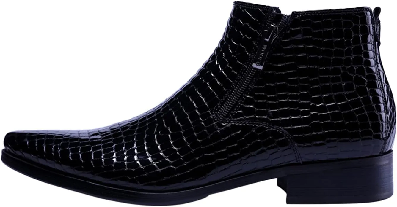 SANTIMON Men's Ankle Patent Leather Fashion Plaid Zipper Pointed Toe Casual Boots