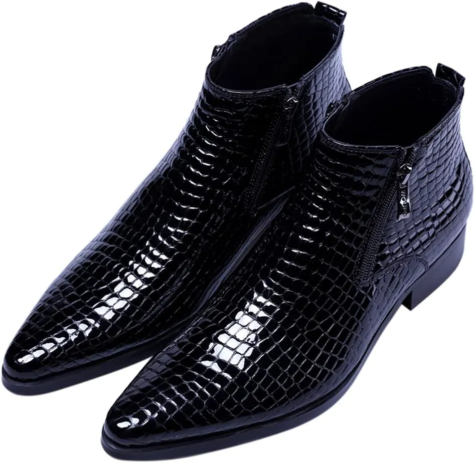 SANTIMON Men's Ankle Patent Leather Fashion Plaid Zipper Pointed Toe Casual Boots