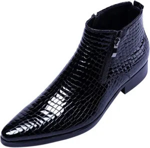 SANTIMON Men's Ankle Patent Leather Fashion Plaid Zipper Pointed Toe Casual Boots