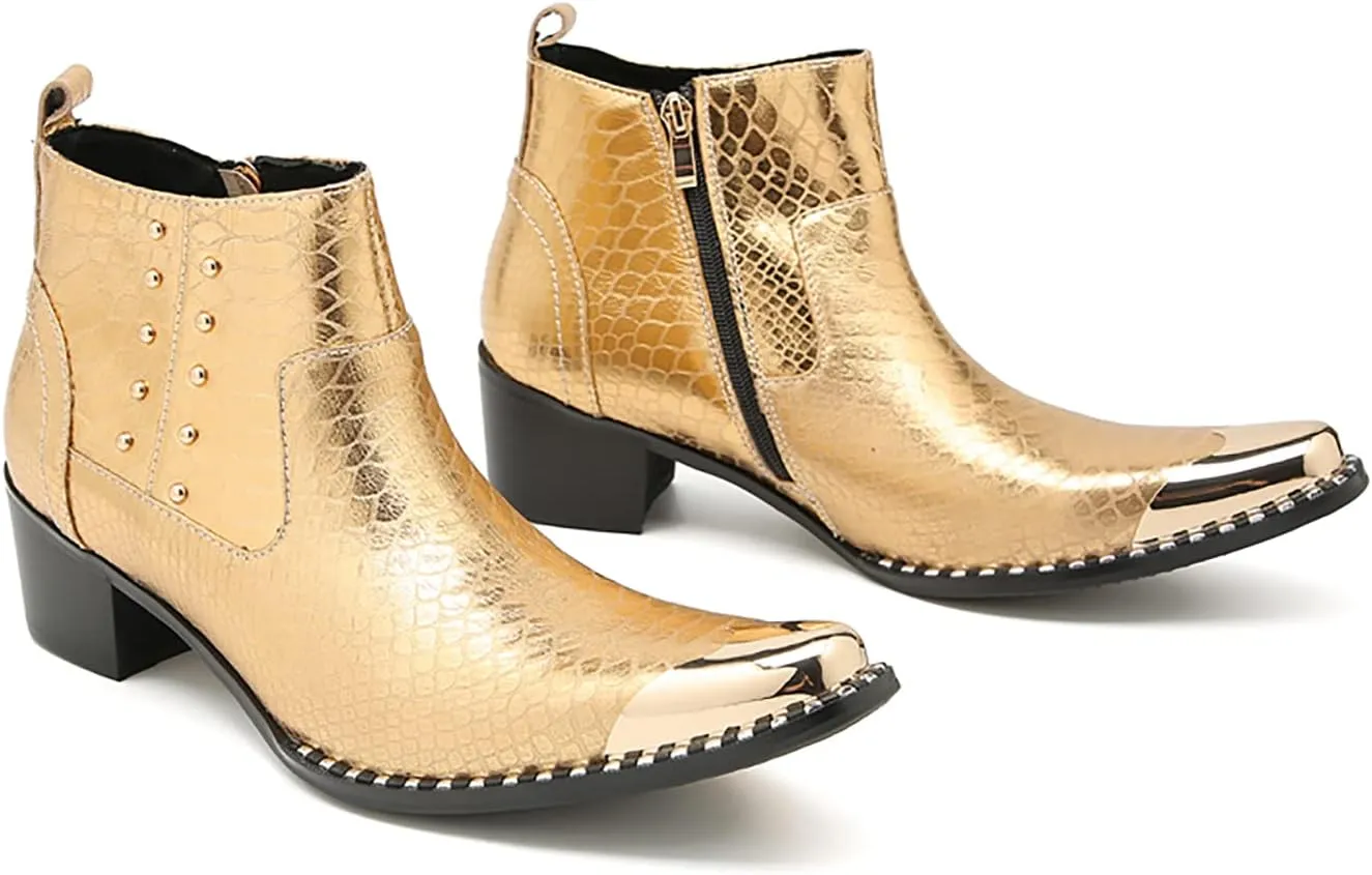 Santimon Mens Chelsea Boots Party Dress Casual Genuine Leather Beaded Zipper Metal Square Toe Ankle Boots Fashion Prom Wedding Tuxedo Western Ballroom Disco Cowboy Chukka Boots for Mens