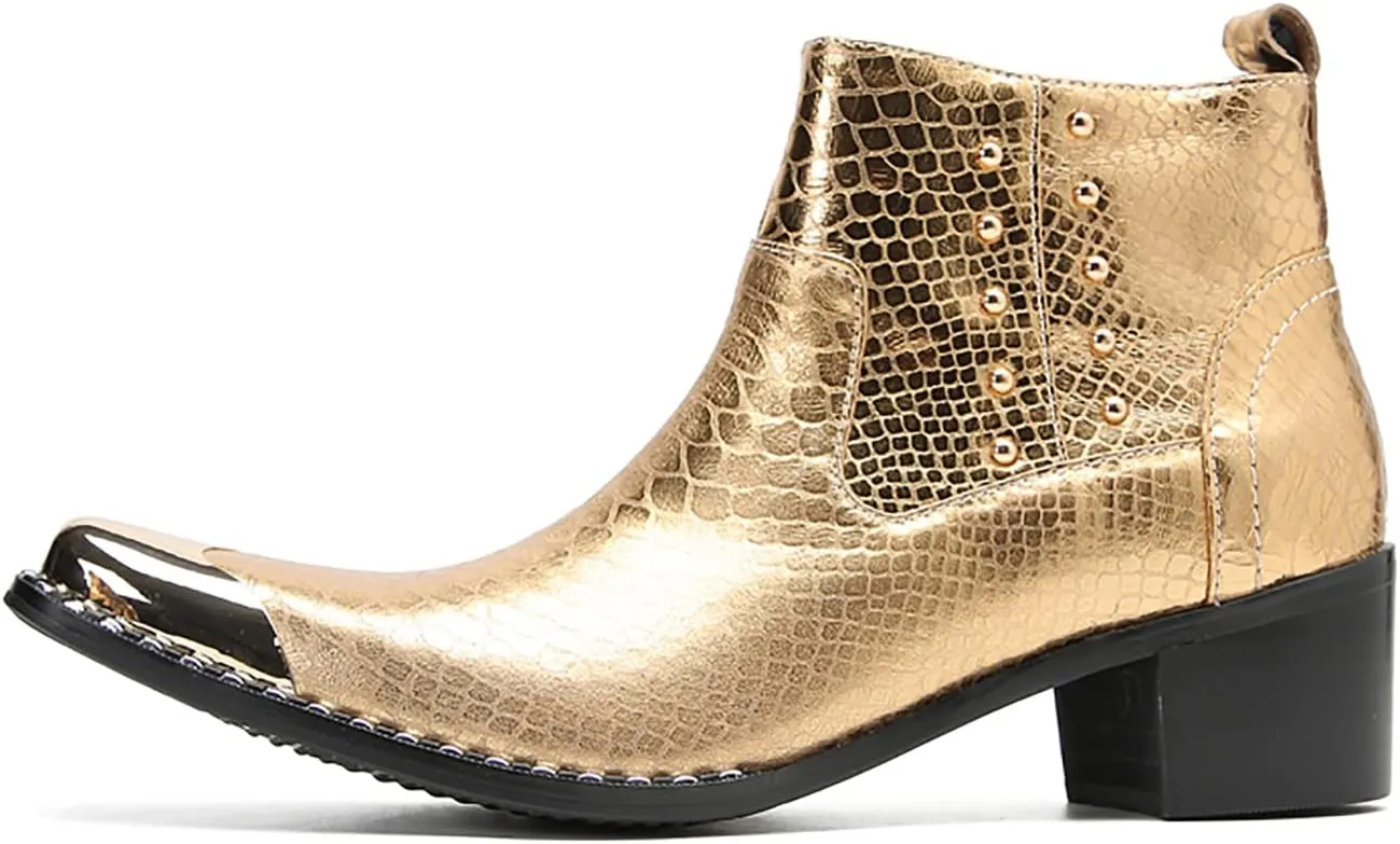Santimon Mens Chelsea Boots Party Dress Casual Genuine Leather Beaded Zipper Metal Square Toe Ankle Boots Fashion Prom Wedding Tuxedo Western Ballroom Disco Cowboy Chukka Boots for Mens