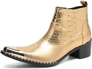 Santimon Mens Chelsea Boots Party Dress Casual Genuine Leather Beaded Zipper Metal Square Toe Ankle Boots Fashion Prom Wedding Tuxedo Western Ballroom Disco Cowboy Chukka Boots for Mens