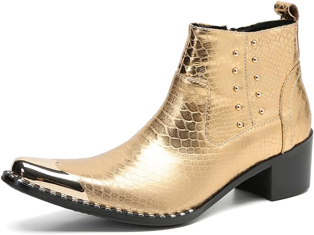 Santimon Mens Chelsea Boots Party Dress Casual Genuine Leather Beaded Zipper Metal Square Toe Ankle Boots Fashion Prom Wedding Tuxedo Western Ballroom Disco Cowboy Chukka Boots for Mens