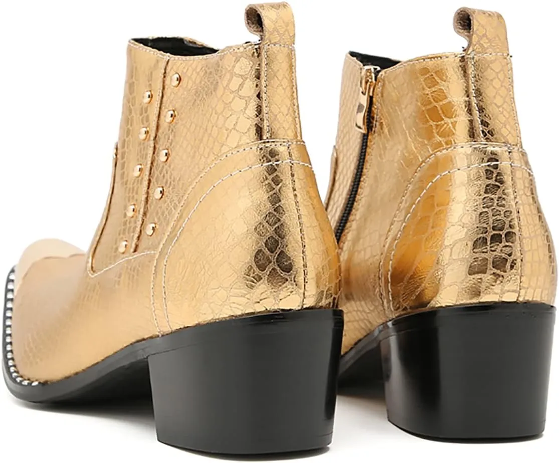 Santimon Mens Chelsea Boots Party Dress Casual Genuine Leather Beaded Zipper Metal Square Toe Ankle Boots Fashion Prom Wedding Tuxedo Western Ballroom Disco Cowboy Chukka Boots for Mens
