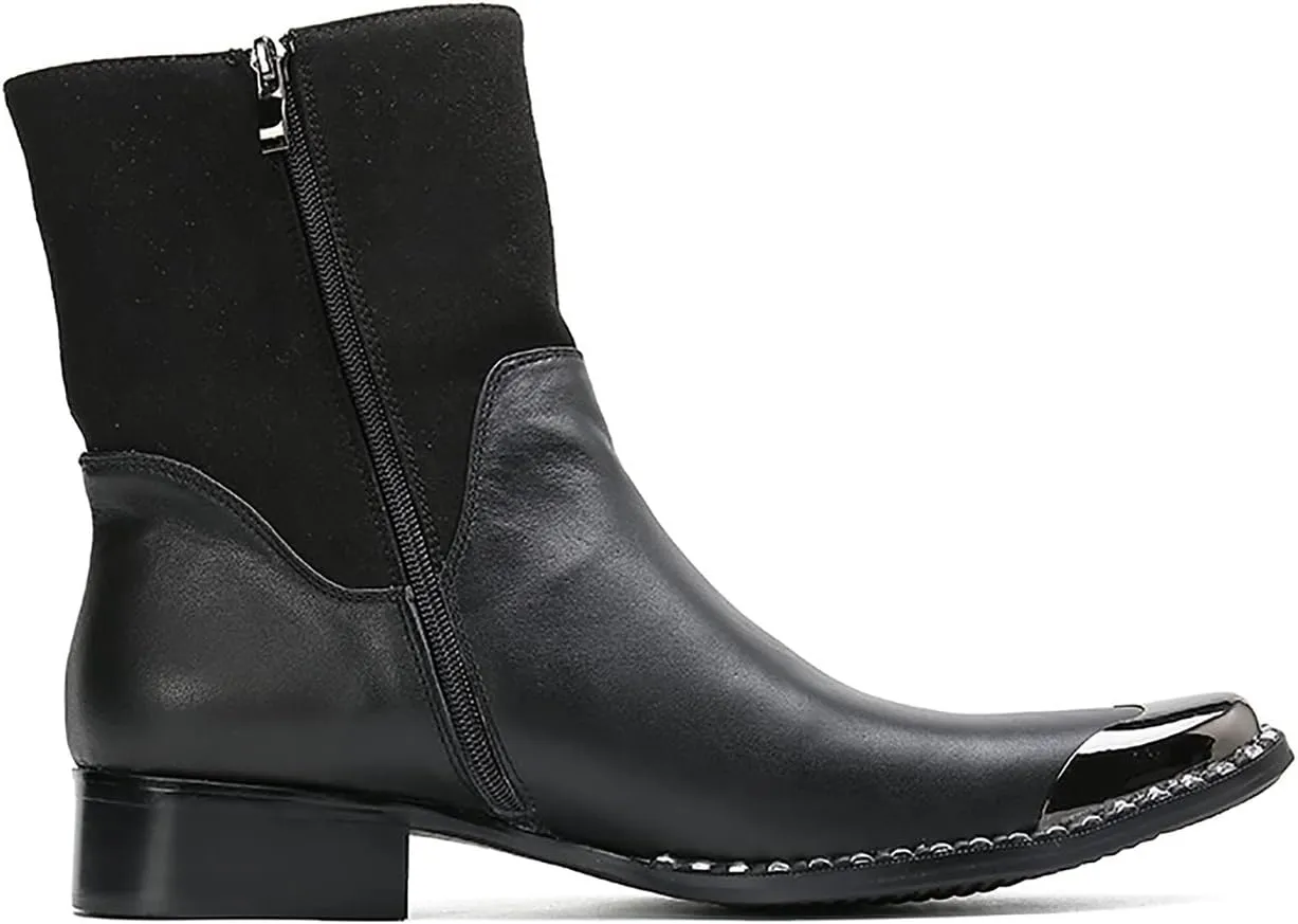 Santimon Mens High Top Chelsea Boots Dress Party Bar Genuine Leather Metal Square Toe Western Boots Zipper Buckle Casual Disco Ballroom Cowboy Boots For Men