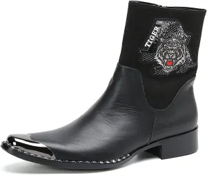 Santimon Mens High Top Chelsea Boots Dress Party Bar Genuine Leather Metal Square Toe Western Boots Zipper Buckle Casual Disco Ballroom Cowboy Boots For Men