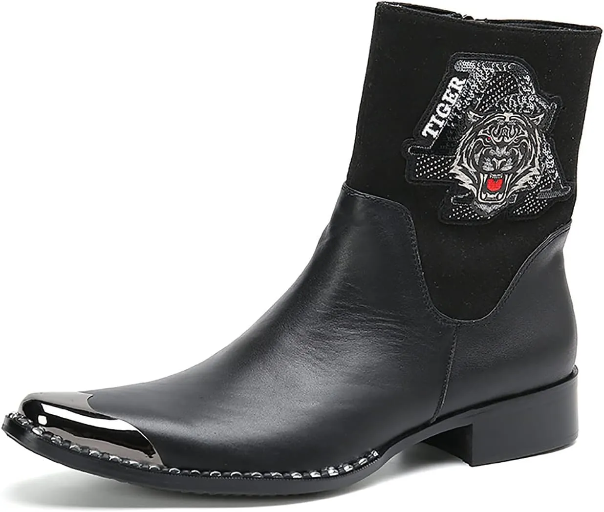 Santimon Mens High Top Chelsea Boots Dress Party Bar Genuine Leather Metal Square Toe Western Boots Zipper Buckle Casual Disco Ballroom Cowboy Boots For Men