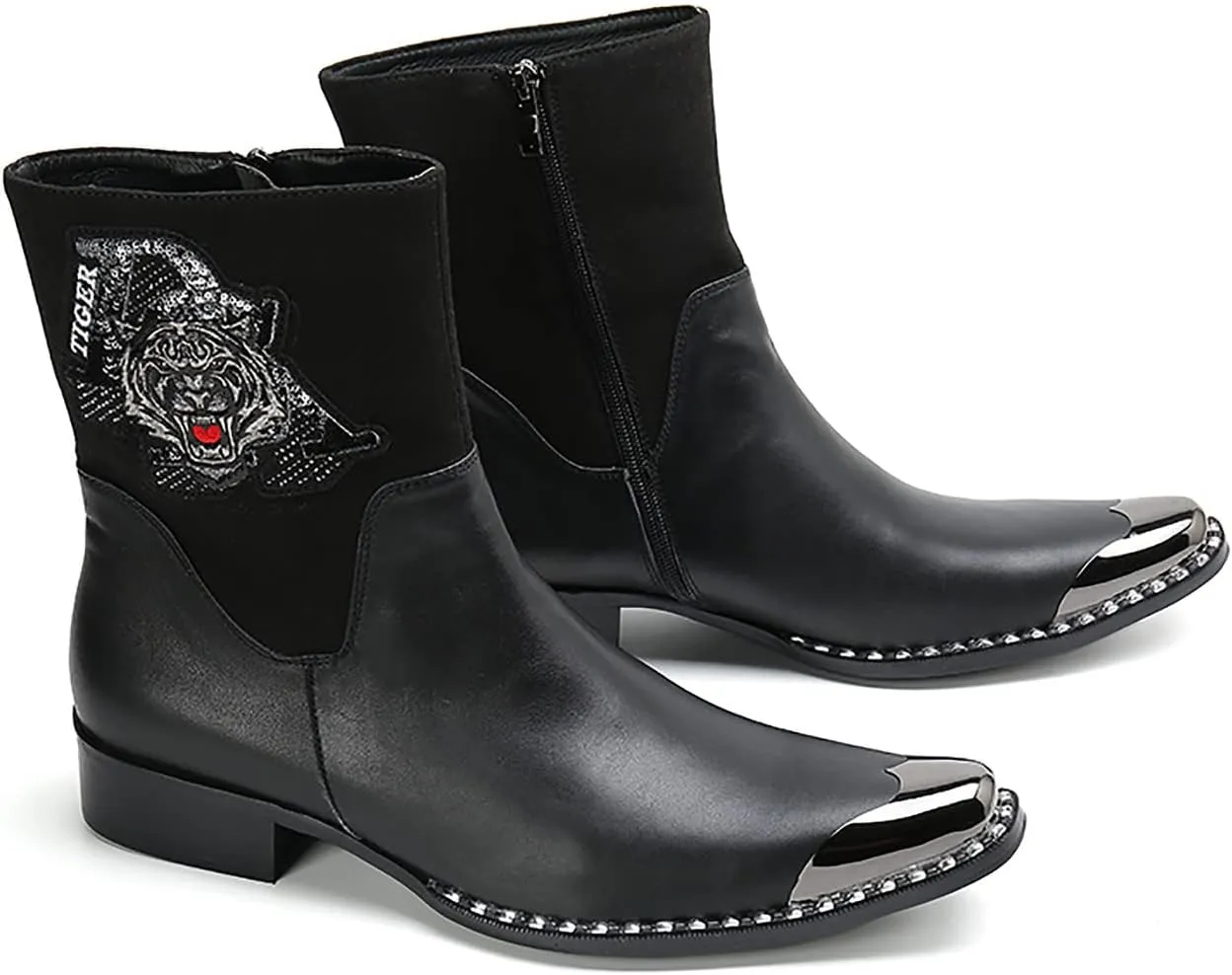 Santimon Mens High Top Chelsea Boots Dress Party Bar Genuine Leather Metal Square Toe Western Boots Zipper Buckle Casual Disco Ballroom Cowboy Boots For Men