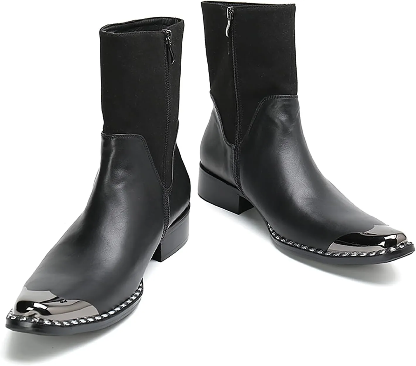 Santimon Mens High Top Chelsea Boots Dress Party Bar Genuine Leather Metal Square Toe Western Boots Zipper Buckle Casual Disco Ballroom Cowboy Boots For Men