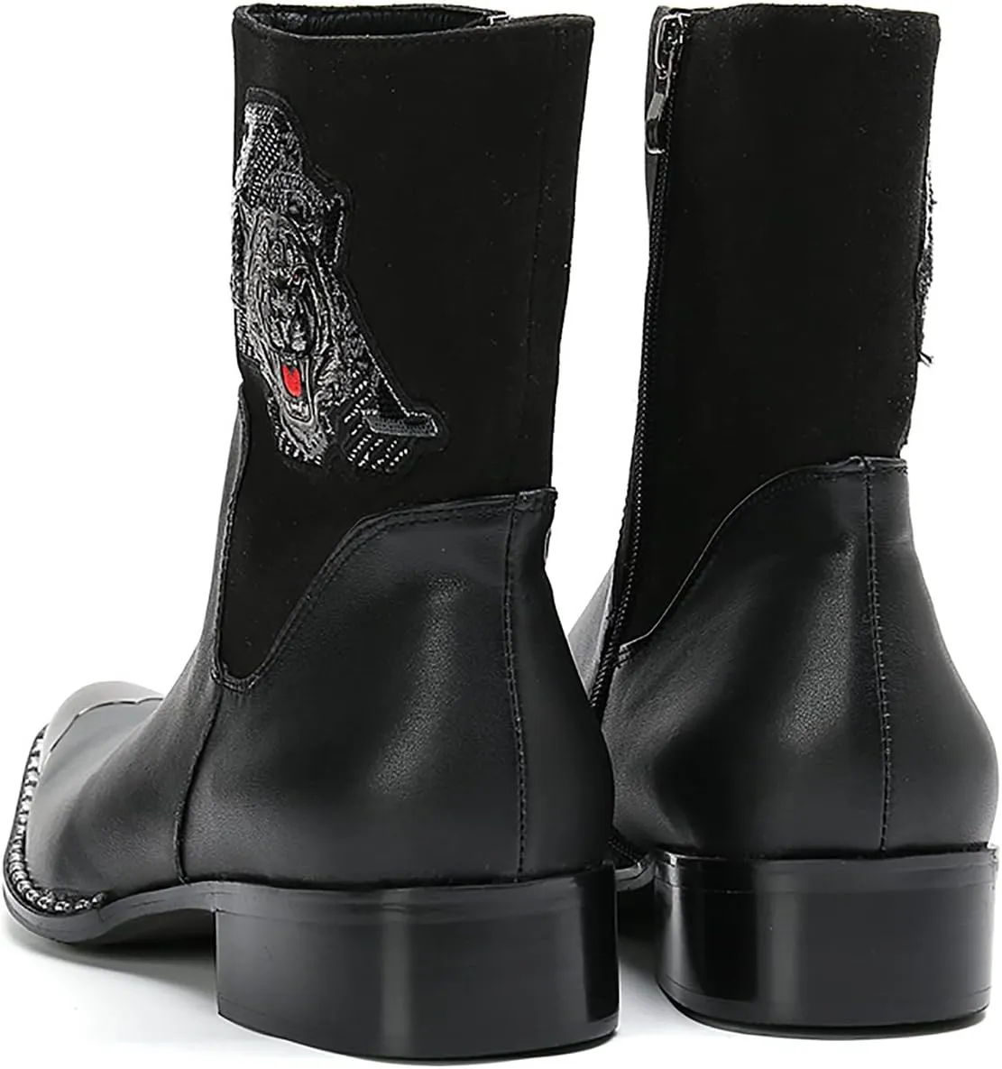 Santimon Mens High Top Chelsea Boots Dress Party Bar Genuine Leather Metal Square Toe Western Boots Zipper Buckle Casual Disco Ballroom Cowboy Boots For Men