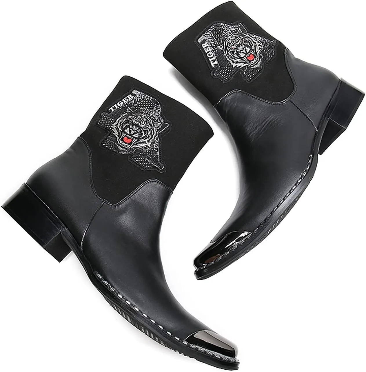Santimon Mens High Top Chelsea Boots Dress Party Bar Genuine Leather Metal Square Toe Western Boots Zipper Buckle Casual Disco Ballroom Cowboy Boots For Men