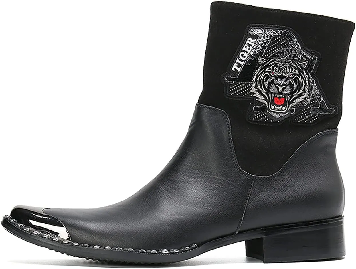 Santimon Mens High Top Chelsea Boots Dress Party Bar Genuine Leather Metal Square Toe Western Boots Zipper Buckle Casual Disco Ballroom Cowboy Boots For Men