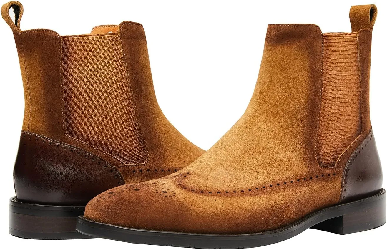 Santimon Mens Suede Chelsea Boots Wingtip Leather Brogue Boots Non Slip Formal Dress Casual Work Boots For Men