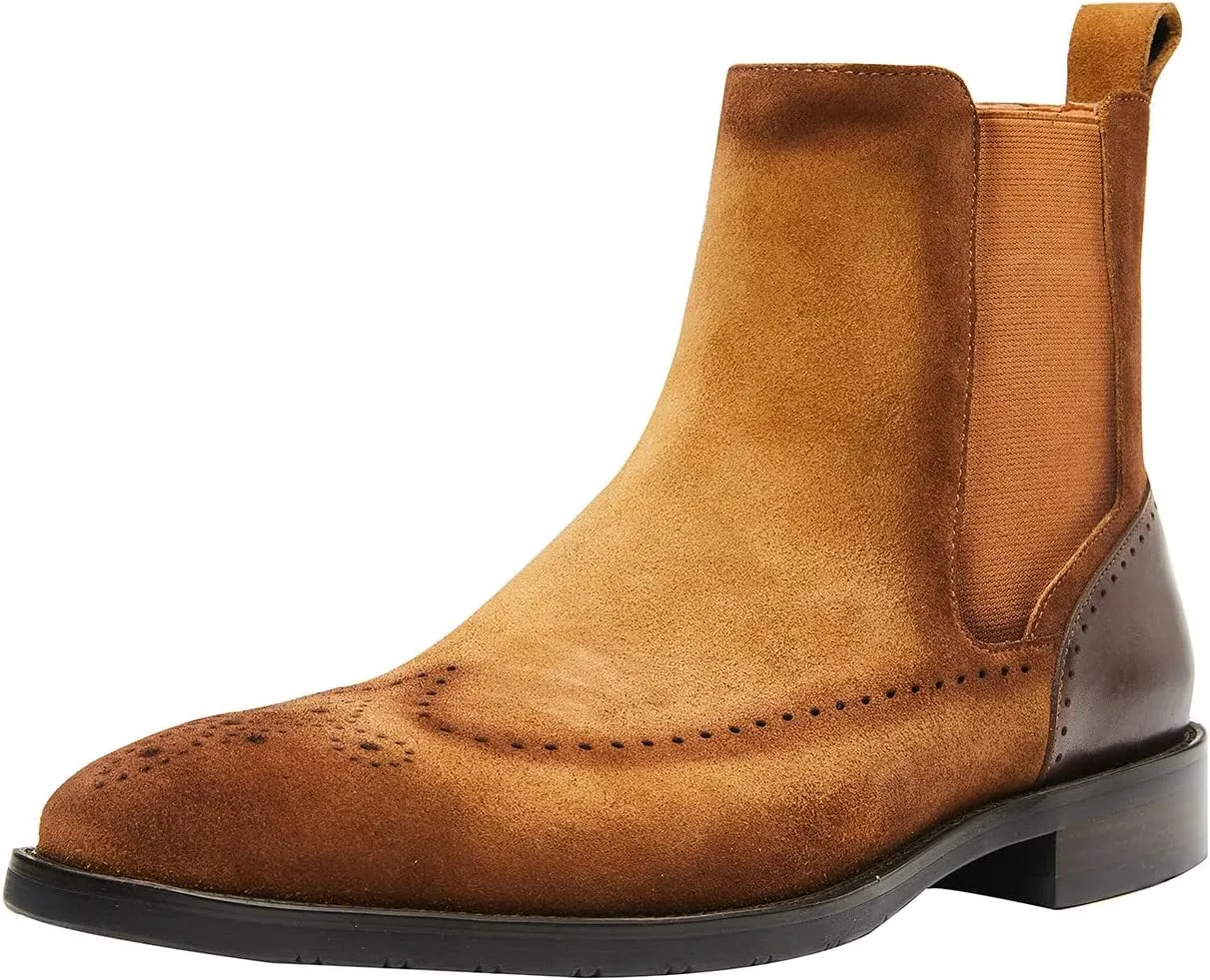 Santimon Mens Suede Chelsea Boots Wingtip Leather Brogue Boots Non Slip Formal Dress Casual Work Boots For Men
