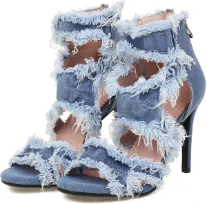 SaraIris Women's Ankle strap Stiletto Peep Toe Back Zipper High Heels Denim Sandals Casual Daily Shoes