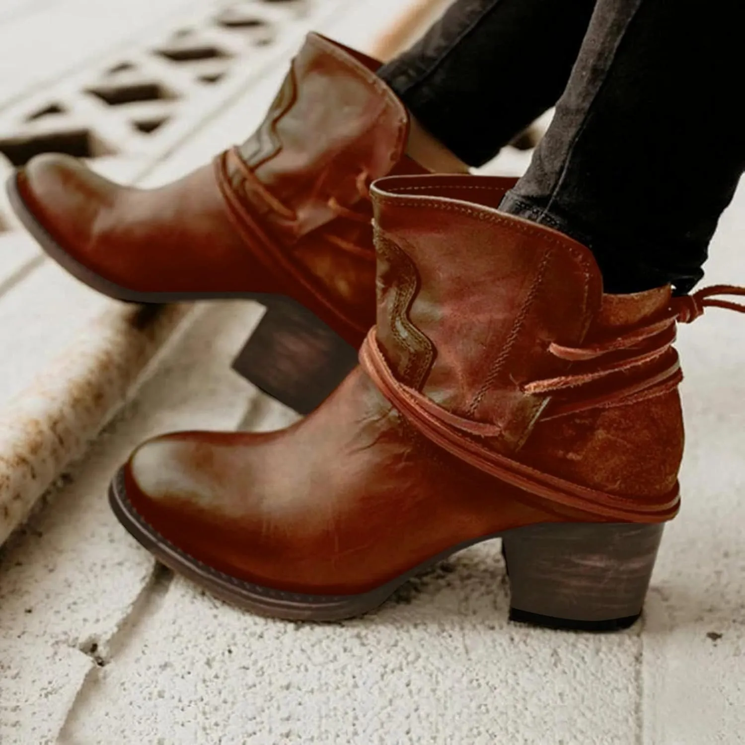 SBGMoSJ Black Lace Up Ankle Boots Women's Fashion Ankle Boots Chunky High Heel Booties Black Booties for Women Chunky Heel Women Booties Ankle Boot Women Low Heel