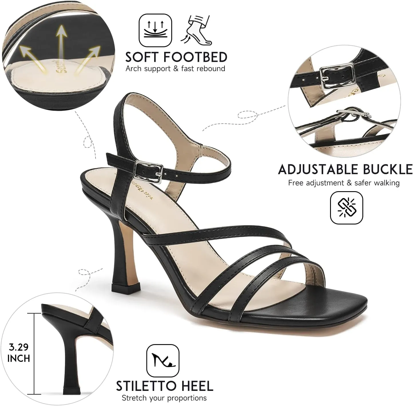 SelenePair Women's High Stiletto Heels Sparkle Open Square Toe sandals Adjustable Buckle Ankle Strap Dress Pumps