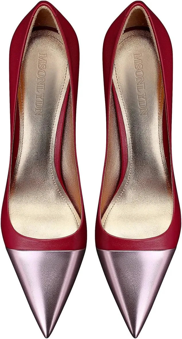 Sexy Stiletto Pumps, 3.54Inch Genuine Leather High Heels for Women Closed Toe, Slip-On Horseshoe Heel Shoes for Work, Wedding