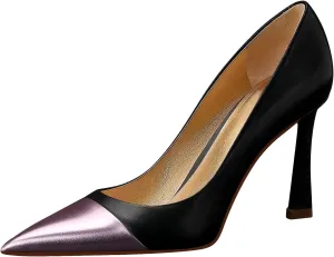 Sexy Stiletto Pumps, 3.54Inch Genuine Leather High Heels for Women Closed Toe, Slip-On Horseshoe Heel Shoes for Work, Wedding