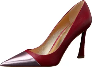 Sexy Stiletto Pumps, 3.54Inch Genuine Leather High Heels for Women Closed Toe, Slip-On Horseshoe Heel Shoes for Work, Wedding