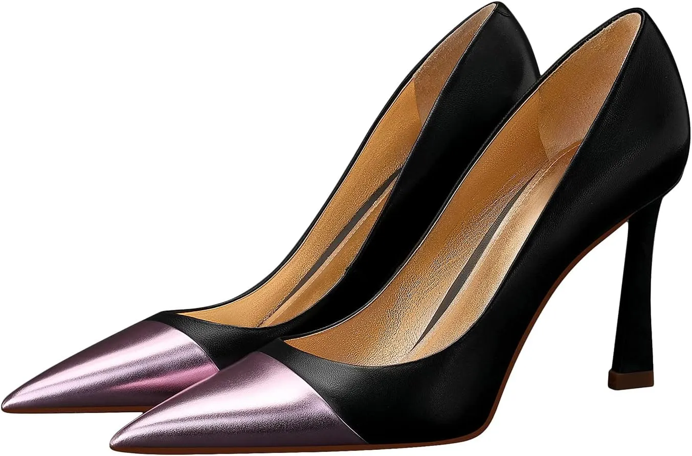 Sexy Stiletto Pumps, 3.54Inch Genuine Leather High Heels for Women Closed Toe, Slip-On Horseshoe Heel Shoes for Work, Wedding