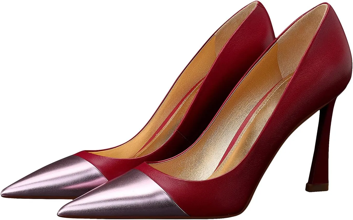 Sexy Stiletto Pumps, 3.54Inch Genuine Leather High Heels for Women Closed Toe, Slip-On Horseshoe Heel Shoes for Work, Wedding