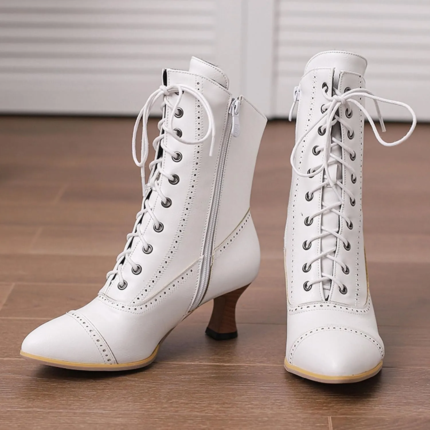 SHEMEE Kitten Heels Ankle Boots for Women Vintage Victorian Style Lace-Up Booties Mid Heels Zipper Shoes with Buckled