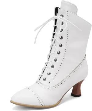 SHEMEE Kitten Heels Ankle Boots for Women Vintage Victorian Style Lace-Up Booties Mid Heels Zipper Shoes with Buckled