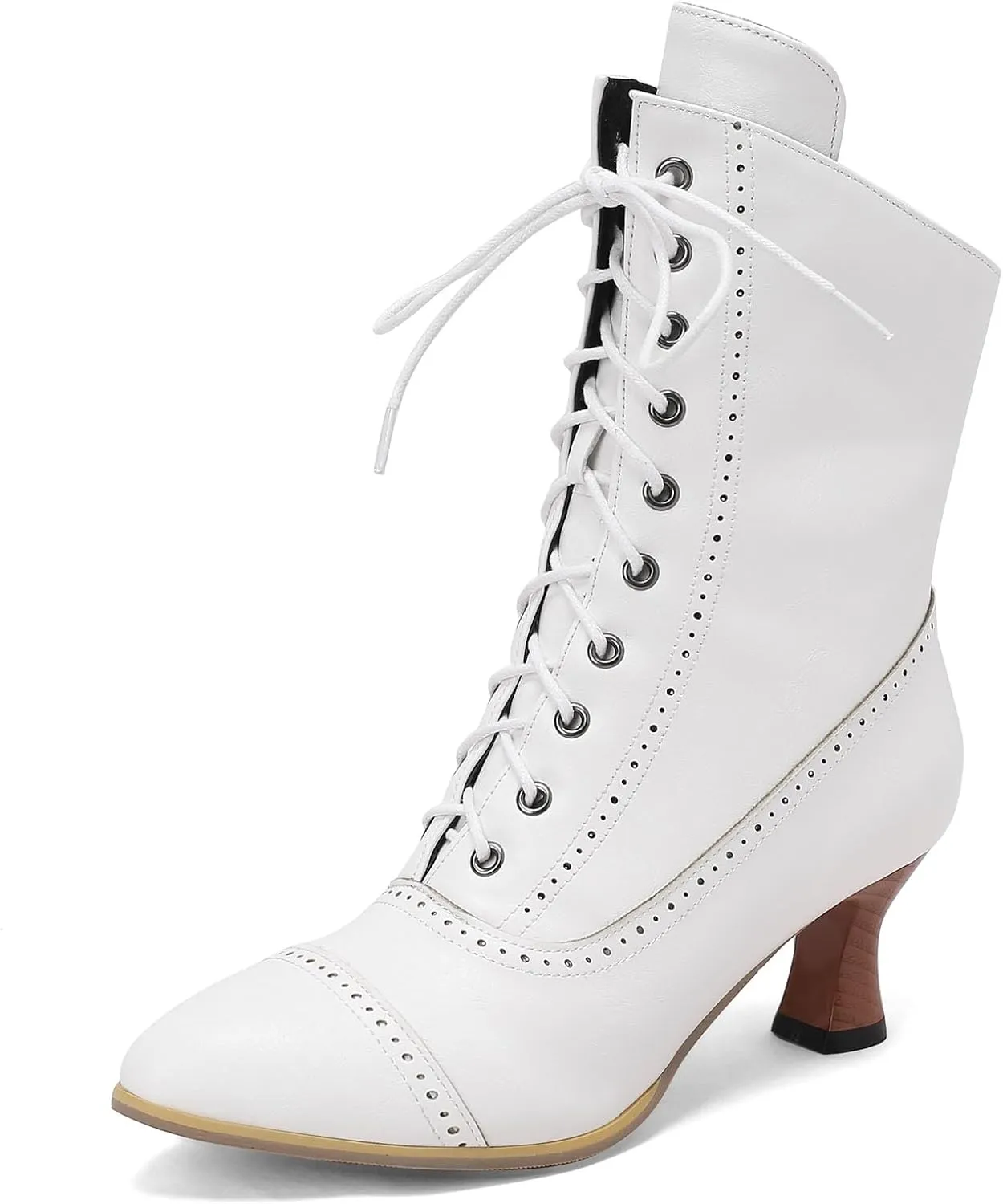 SHEMEE Kitten Heels Ankle Boots for Women Vintage Victorian Style Lace-Up Booties Mid Heels Zipper Shoes with Buckled