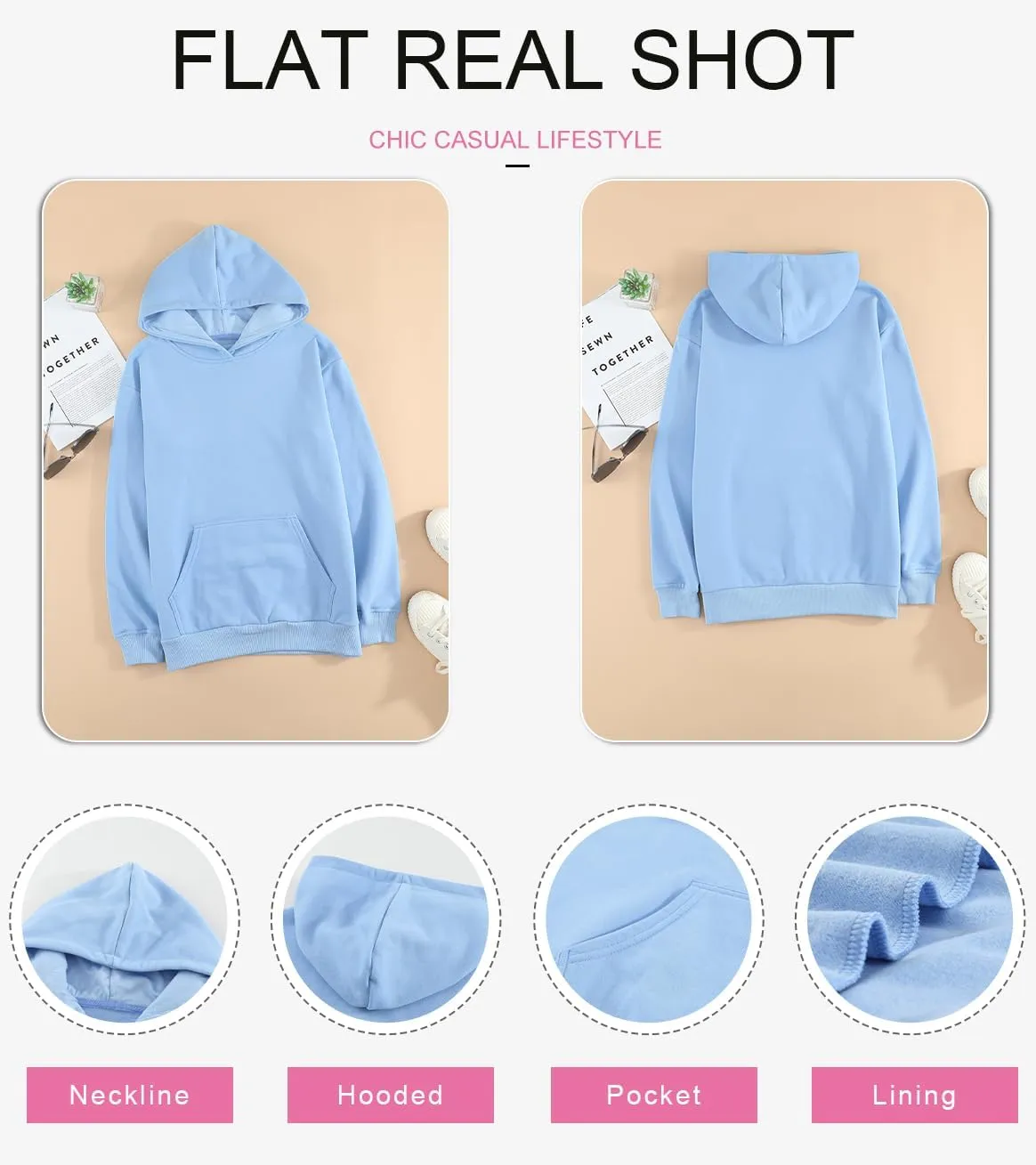 SHEWIN Women's Casual Hoodies Long Sleeve Solid Lightweight Pullover Tops Loose Sweatshirt with Pocket