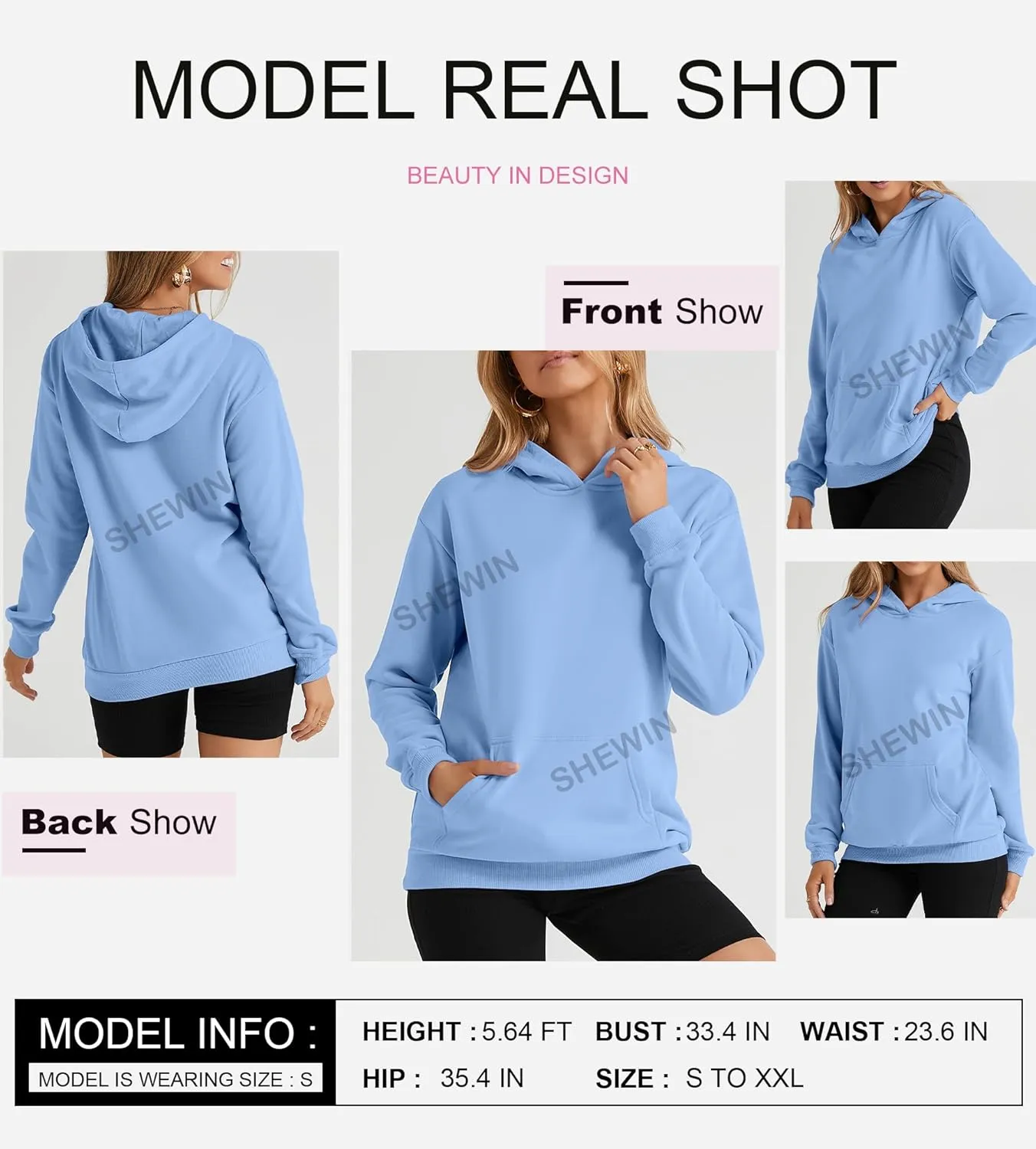 SHEWIN Women's Casual Hoodies Long Sleeve Solid Lightweight Pullover Tops Loose Sweatshirt with Pocket