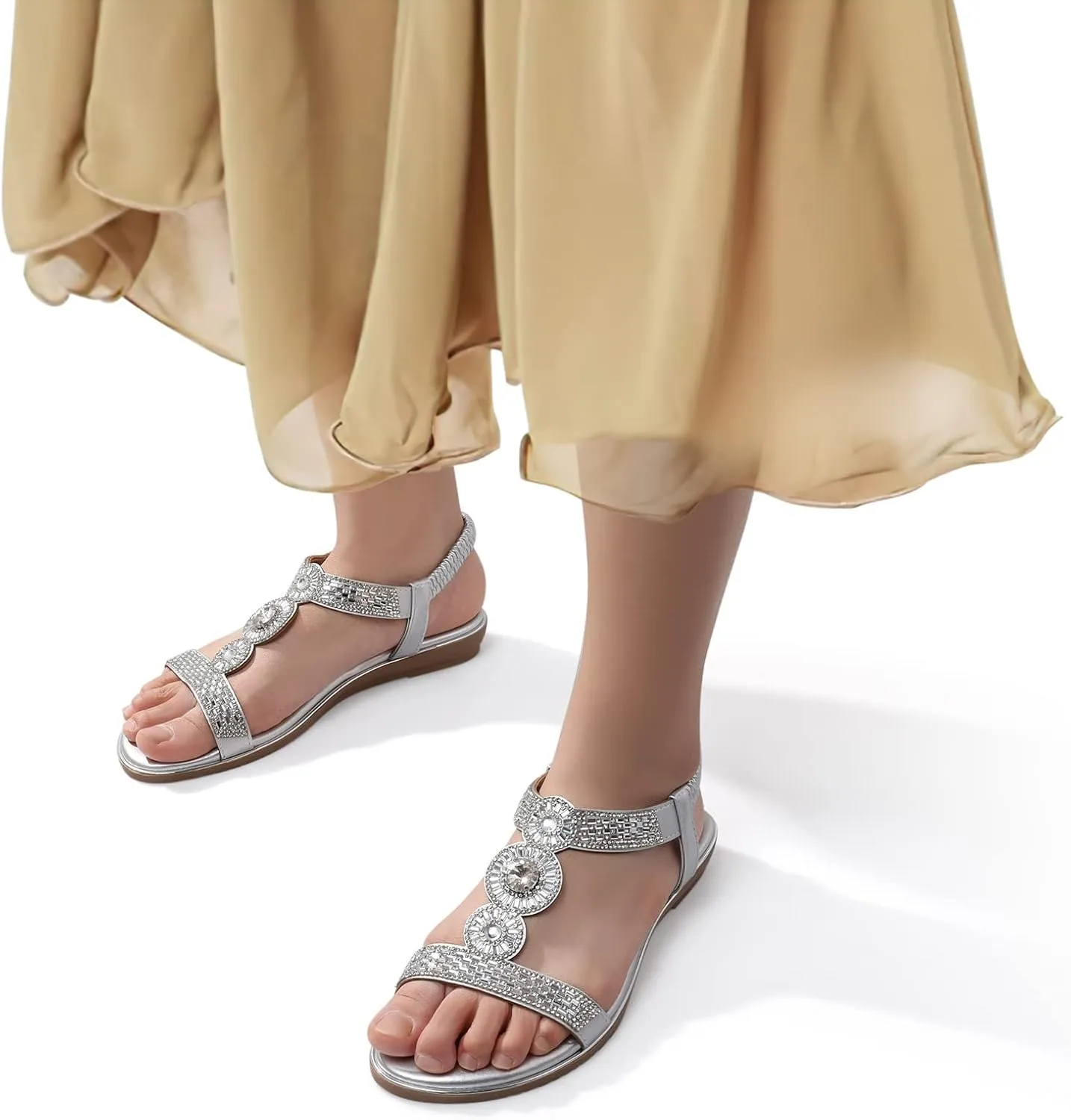 SHIBEVER Sandals Women Dressy Summer: Comfortable Rhinestones Bling Flats Ankle Strap Sandals