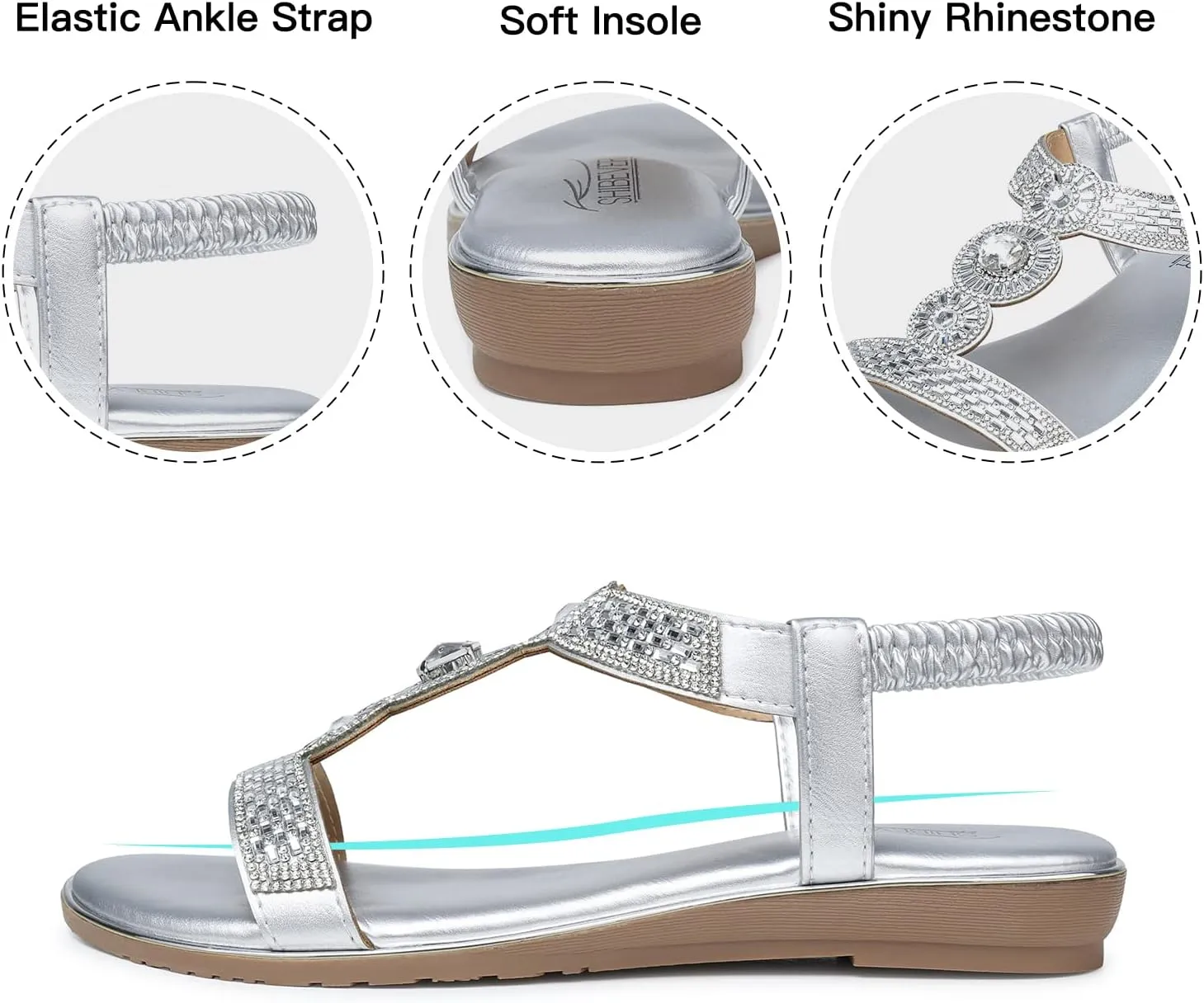 SHIBEVER Sandals Women Dressy Summer: Comfortable Rhinestones Bling Flats Ankle Strap Sandals