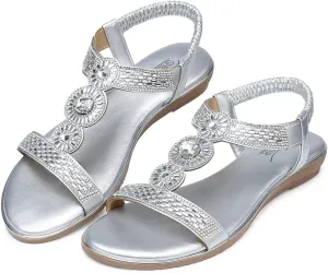 SHIBEVER Sandals Women Dressy Summer: Comfortable Rhinestones Bling Flats Ankle Strap Sandals