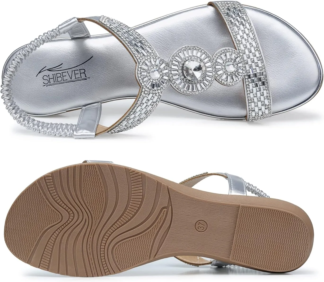 SHIBEVER Sandals Women Dressy Summer: Comfortable Rhinestones Bling Flats Ankle Strap Sandals