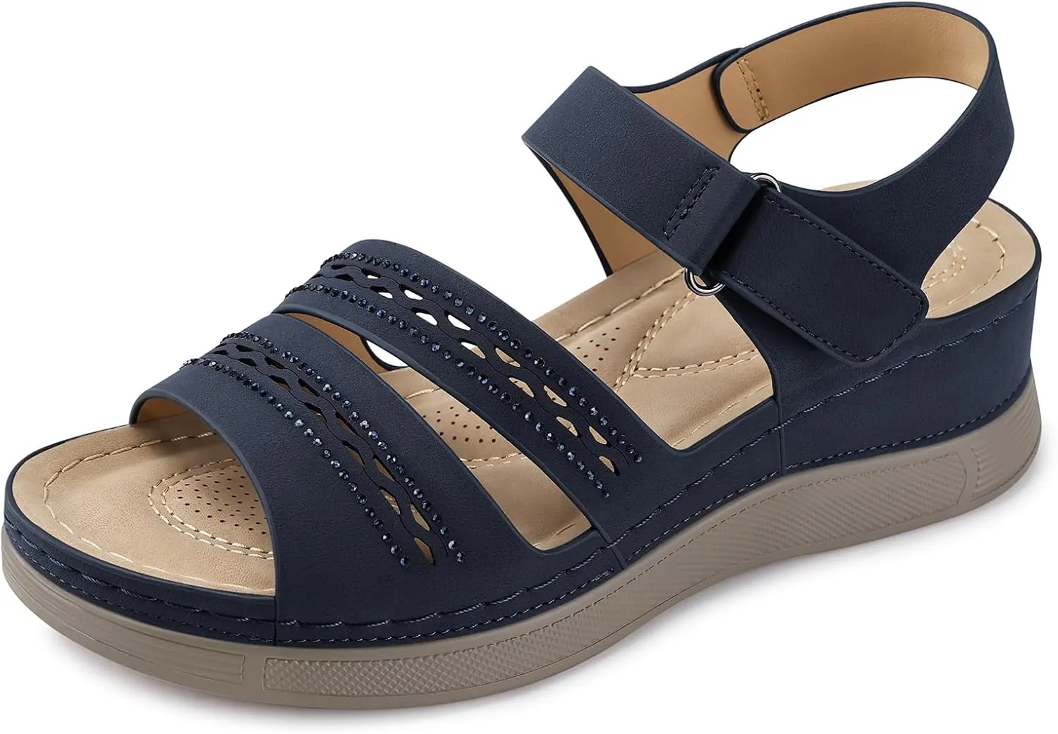 SHIBEVER Wedge Sandals for Women Dressy: Summer Walking Sandals Woman Comfortable - Casual Open Toe Rhinestone Low Wedge Shoes with Ankle Strap