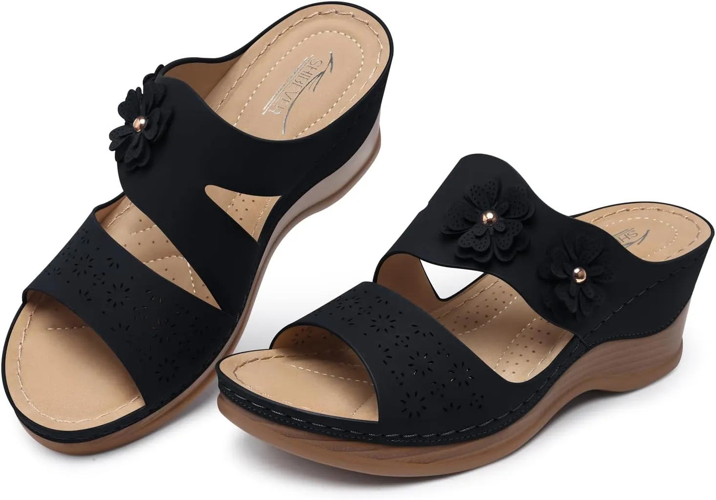 SHIBEVER Wedge Sandals for Women Hollow Out Slip On Platform Wedge Sandals Summer Casual Walking Shoes