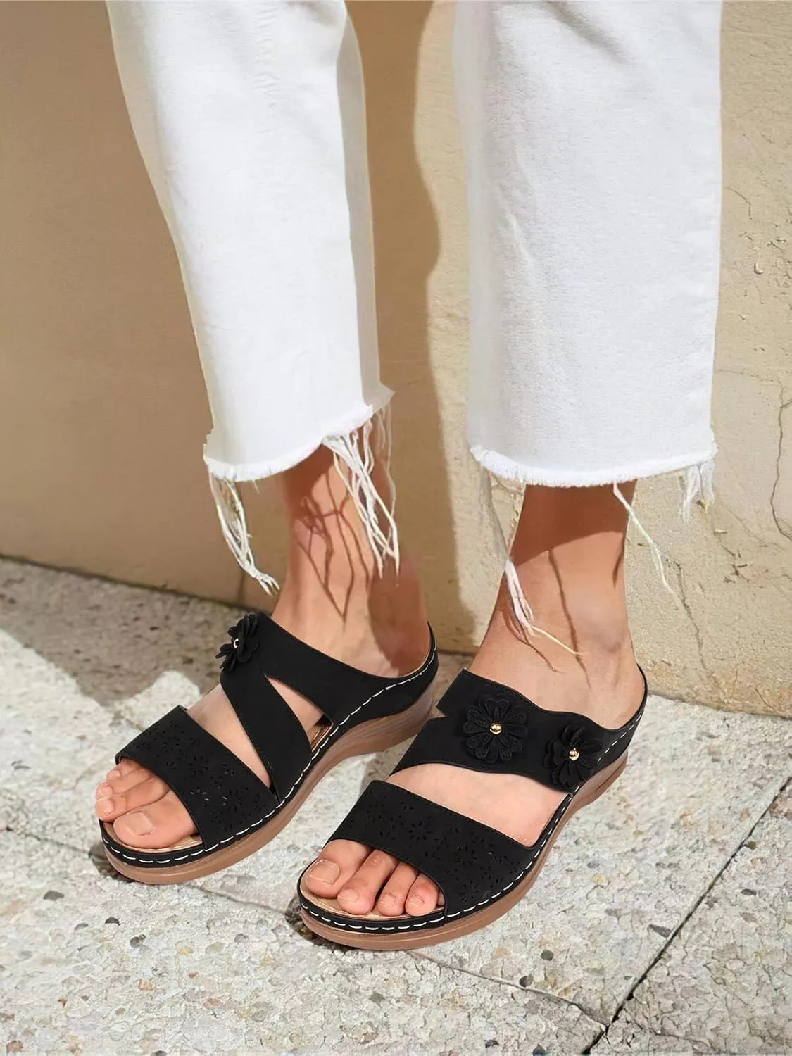 SHIBEVER Wedge Sandals for Women Hollow Out Slip On Platform Wedge Sandals Summer Casual Walking Shoes