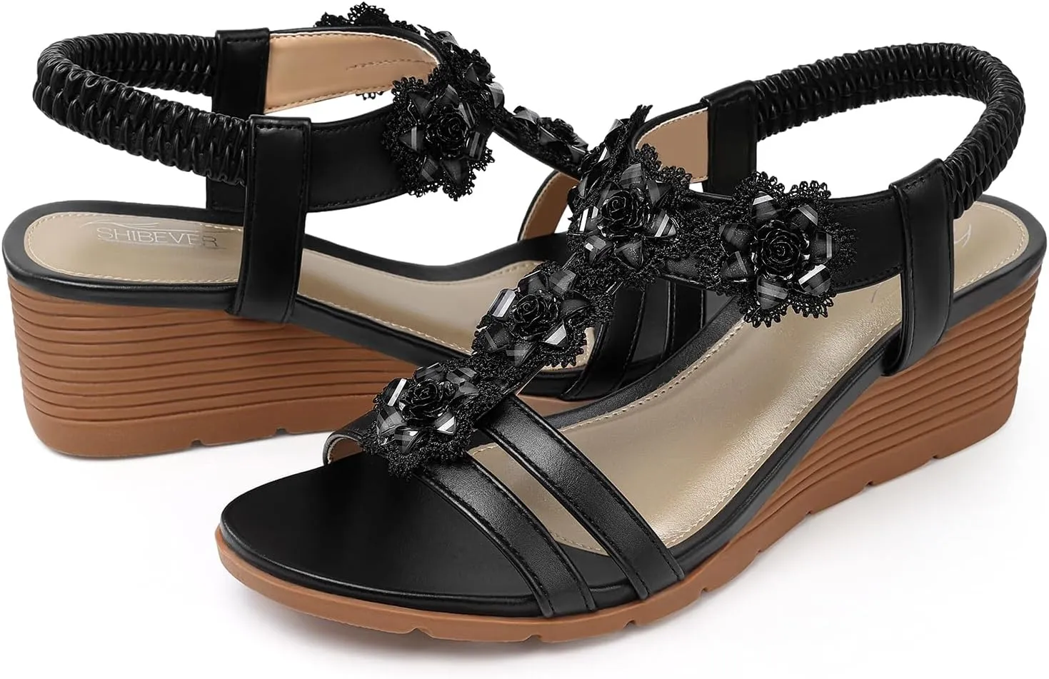SHIBEVER Womens Sandals Wedge Flower: Open Toe Elastic Ankle Strap Wedge Sandal - Dressy Sandals Women - Comfortable Summer Bohemia