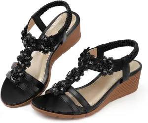 SHIBEVER Womens Sandals Wedge Flower: Open Toe Elastic Ankle Strap Wedge Sandal - Dressy Sandals Women - Comfortable Summer Bohemia