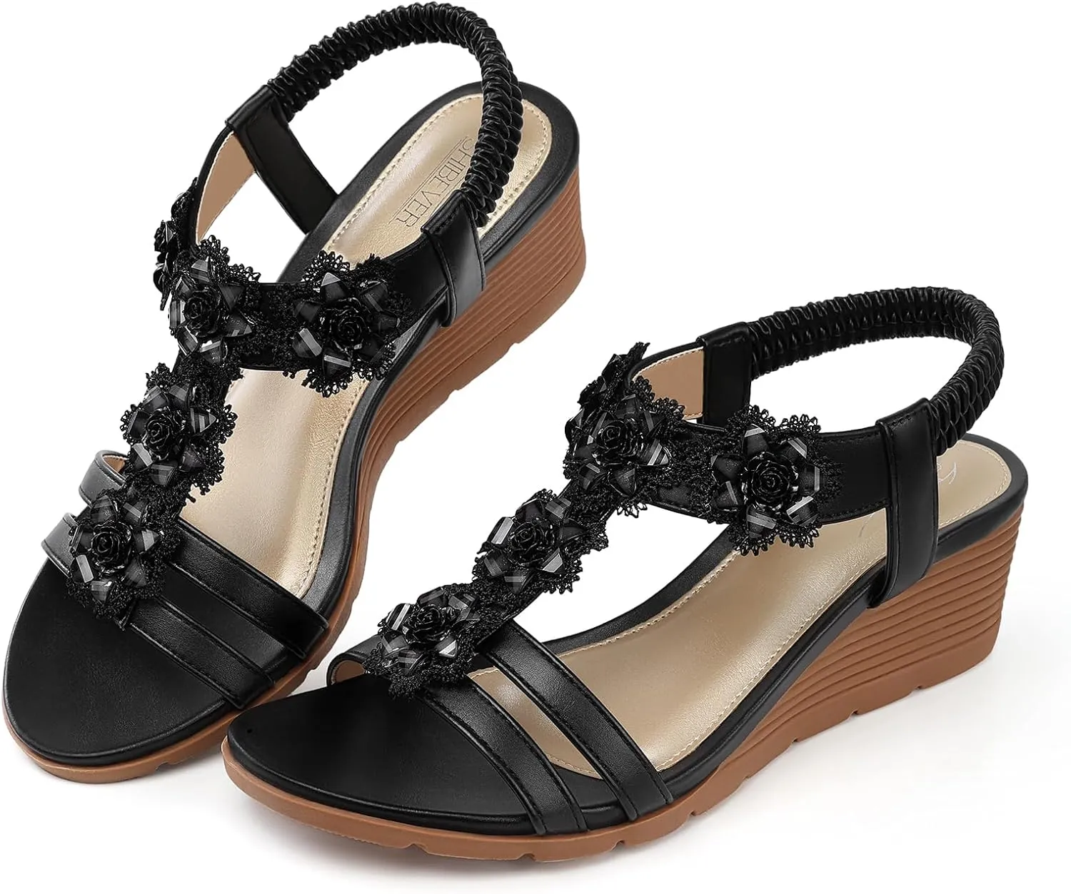 SHIBEVER Womens Sandals Wedge Flower: Open Toe Elastic Ankle Strap Wedge Sandal - Dressy Sandals Women - Comfortable Summer Bohemia