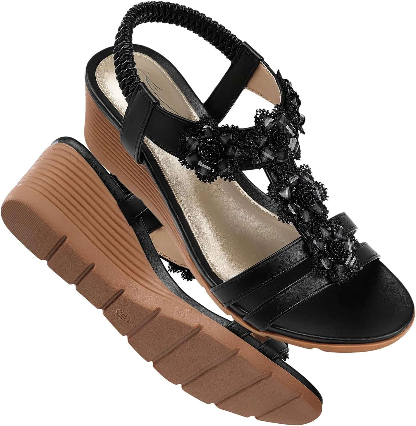 SHIBEVER Womens Sandals Wedge Flower: Open Toe Elastic Ankle Strap Wedge Sandal - Dressy Sandals Women - Comfortable Summer Bohemia