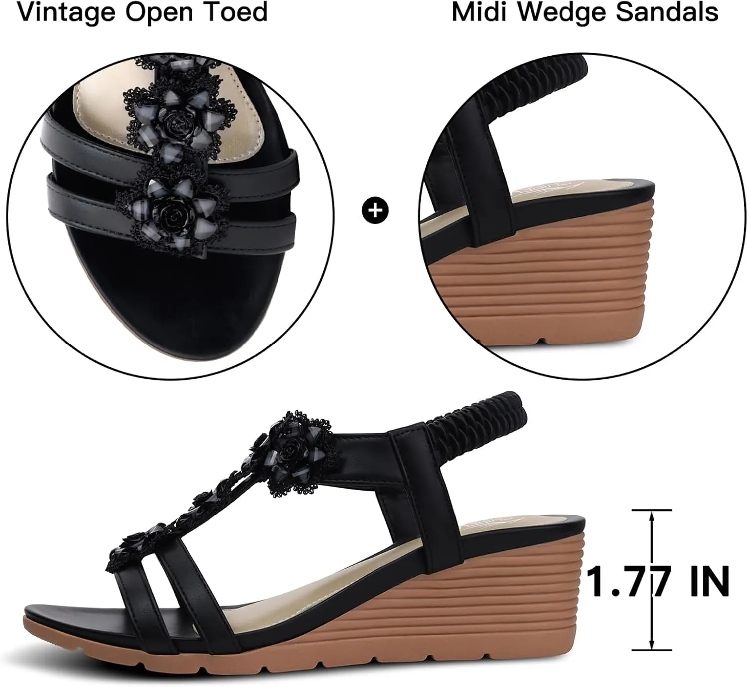 SHIBEVER Womens Sandals Wedge Flower: Open Toe Elastic Ankle Strap Wedge Sandal - Dressy Sandals Women - Comfortable Summer Bohemia
