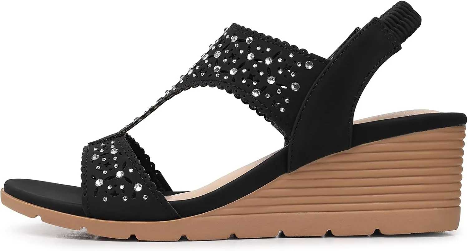 SHIBEVER Womens Sandals Wedge Low: Elastic Ankle Strap Wedge Sandals - Dressy Sandals Women - Comfortable Open Toe