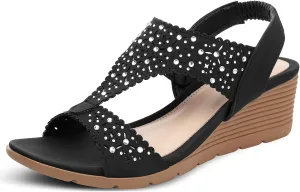 SHIBEVER Womens Sandals Wedge Low: Elastic Ankle Strap Wedge Sandals - Dressy Sandals Women - Comfortable Open Toe