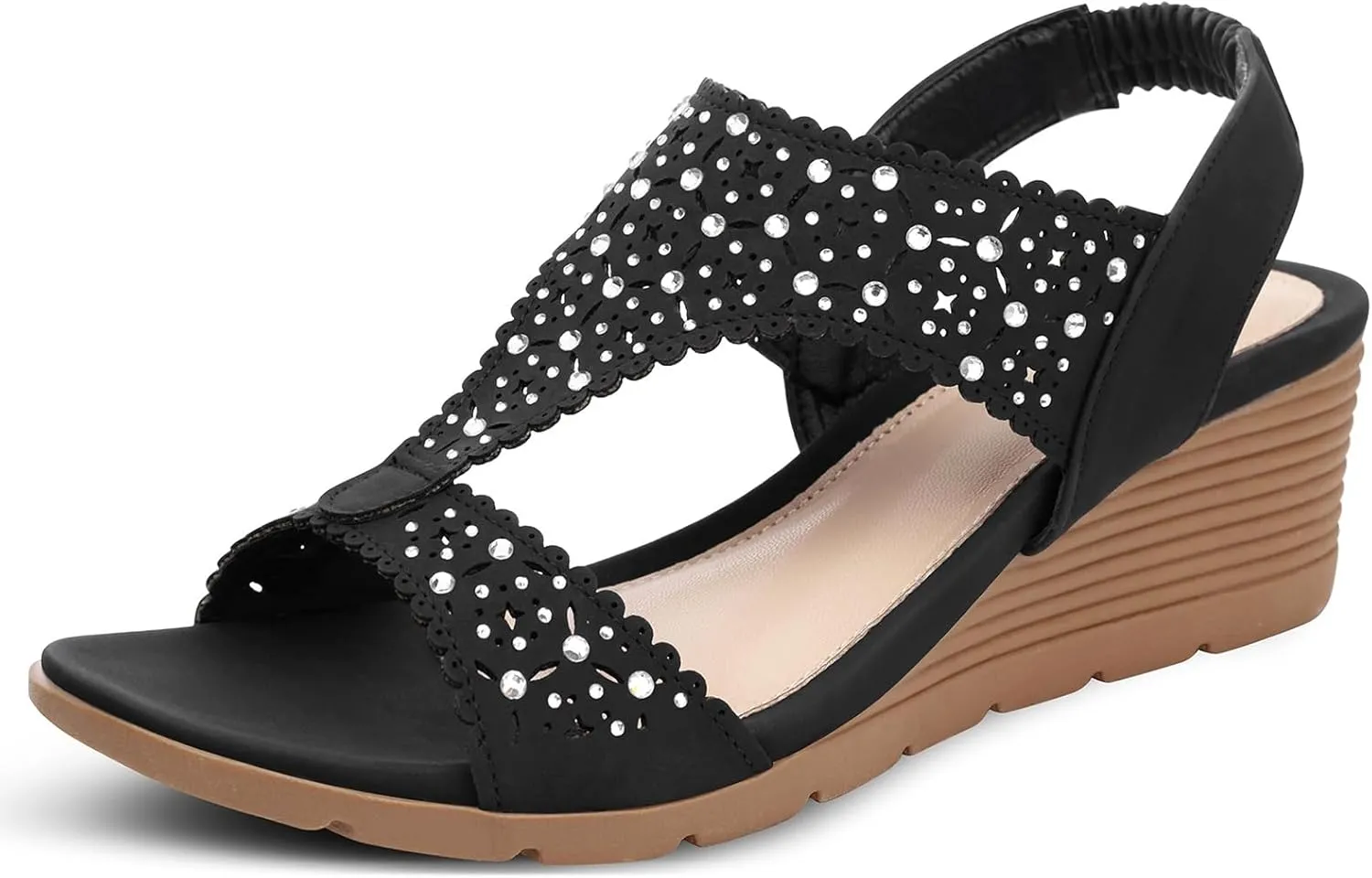 SHIBEVER Womens Sandals Wedge Low: Elastic Ankle Strap Wedge Sandals - Dressy Sandals Women - Comfortable Open Toe
