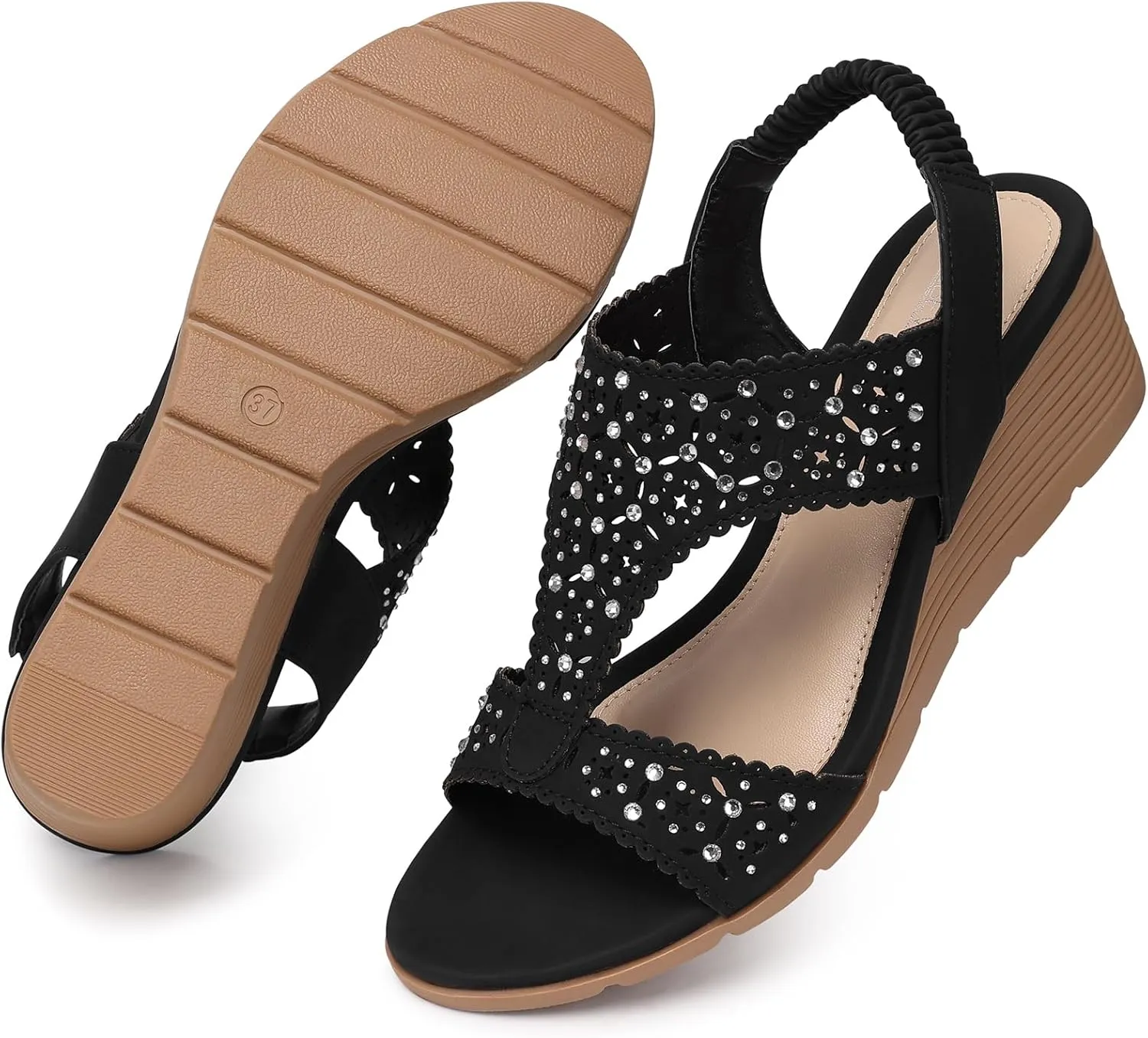 SHIBEVER Womens Sandals Wedge Low: Elastic Ankle Strap Wedge Sandals - Dressy Sandals Women - Comfortable Open Toe