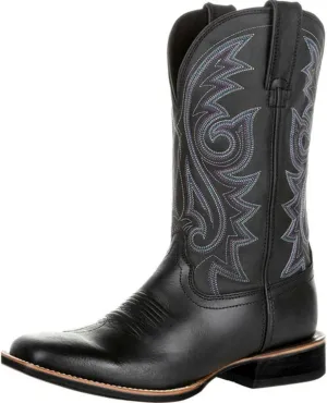 Shije Work Boots for Men Western Square Toe Cowboy Boots Retro Leather Embroidery Casual Chunky Heel Wide Calf Pull On Boots,Black,13