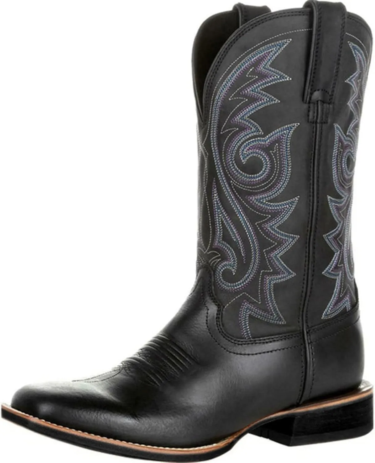 Shije Work Boots for Men Western Square Toe Cowboy Boots Retro Leather Embroidery Casual Chunky Heel Wide Calf Pull On Boots,Black,13
